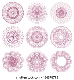 Pink Guilloche set. It can be used as a protective layer for the certificates, diplomas, banknotes. Pattern Rosette for Play Money or Other Security Papers - decorative elements.