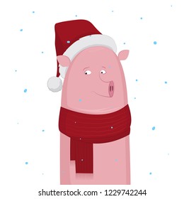Pink guinea pig isolated on white background. Snowfall. Animal. Merry Christmas and Happy New Year. Holiday greetings.