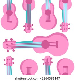 Pink guitar seamless pattern. Hawaiian Ukulele. Vector illustration in cartoon flat style.