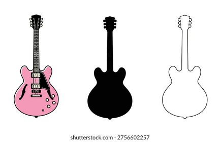A pink guitar and two black guitar silhouettes