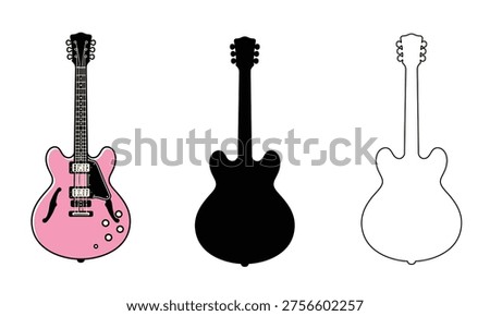 A pink guitar and two black guitar silhouettes