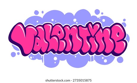 Pink gum valentine graffiti bubble art. Playful street art lettering with heart shapes and clouds for romantic stickers, kids fashion, and sweet love branding.