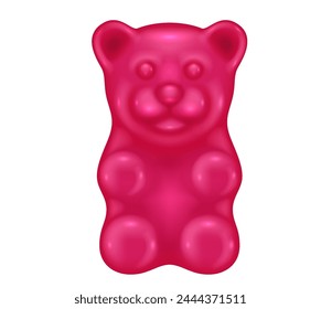 Pink gummy bear 3d realistic vector illustration. Chewing vitamin jelly candy creative design. Fruit tasted object on white background