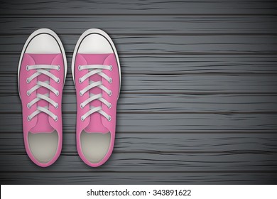 Pink gumshoes on wooden background. Sport shoes Top view flat lay. Vector Illustration.