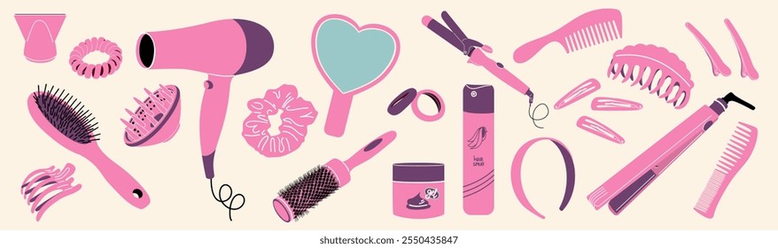 Pink hair accessories and tools. Hair care and beauty.