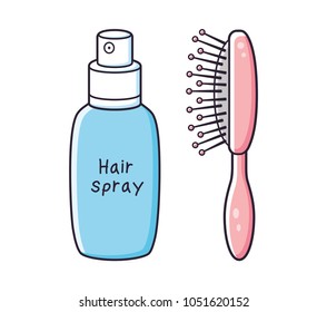 Pink hair brush or comb and spray can isolated