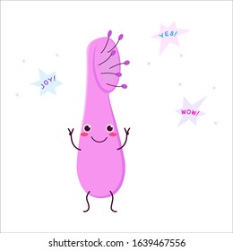 Pink hair brush or combhair brush. Cute cartoon character happy, joyful. Caricature, animation. Vector graphics. For advertising, children's decor, packaging, brochures