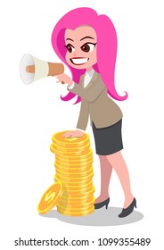 Pink hair business woman with megaphone resenting golden coins on white background. Financial concept illustration.