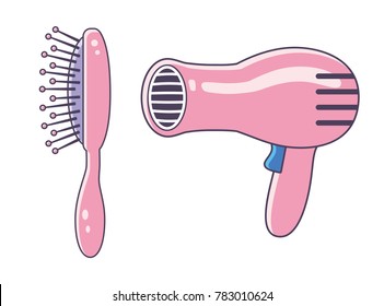 Pink Hair Dryer And Brush Or Comb Icons Isolated