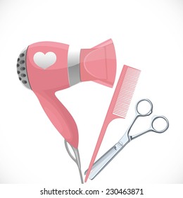 Pink hair dryer with concentrator, scissors and comb isolated on a white background