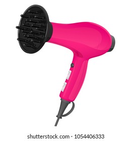 Pink hair dryer for drying hair with a nozzle - diffuser, vector image on white background