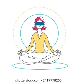 Niña de cabello rosa con auriculares VR haciendo yoga o meditación. Sueño Digital de Serenidad Virtual. Tecnología moderna. Experiencia futurista. Ilustración vectorial en estilo plano para el diseño de sitio web o ui ux