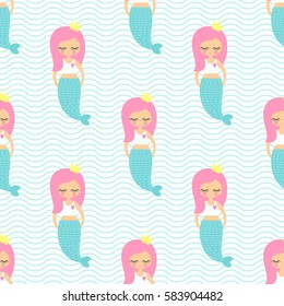 Pink hair mermaid girl seamless pattern on mint green waves background. Vector sea background for kids. Cute baby shower design for fabric, textile, decor, wallpaper.