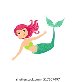 Pink Hair Mermaid In Green Swimsuit Top Bra Fairy-Tale Fantastic Creature Illustration