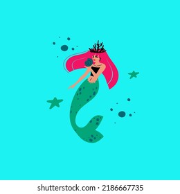 Pink hair mermaid vector illustration. A magical underwater creature. Undersea world concept