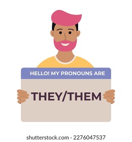 Pink Hair Non Binary Person Holding Sign With Pronouns They Them. Flat Style Vector Illustration