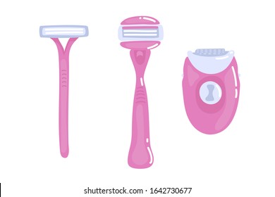 pink hair removal devices and supplies for women. razor, trimmer, epilator. isolated vector illustration on white background. epilation and depilation tools for home use for smooth skin