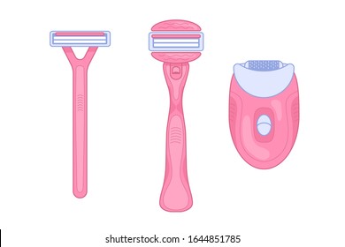 pink hair removal devices and supplies for women. razor, trimmer, epilator. isolated vector illustration on white background. epilation and depilation tools for home use for smooth skin. shaving