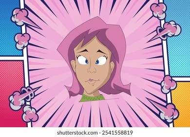 Pelo rosa Vector de niña retro Illustrator Fondo rosa azul Ojos azules Dibujos animados