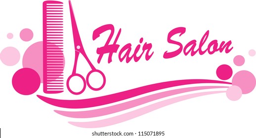 pink hair salon sign with scissors silhouette and design elements