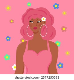 pink hair woman illustration, pink dress character, vector illustration