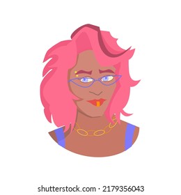 Pink hair women with eyebrow piercing Portrait of girl Cartoon vector illustration