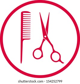 pink hairdresser sign with scissors and comb in round frame