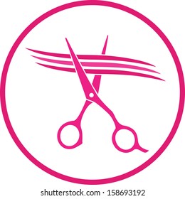 pink hairdresser sign with scissors cutting hair strand in frame