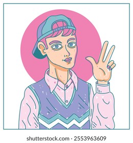 Pink Haired Boy Wearing Hat Posing peace