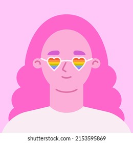 Pink haired female in a LGBTIQ flag sunglasses. Pride month concept. Vector illustration