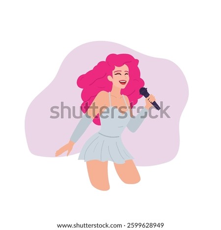 pink haired female singer. flat character design of a singer wearing pretty clothes. simple character flat design