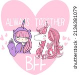 pink haired girl and her best friend unicorn give you the message that we are always together from inside pink heart