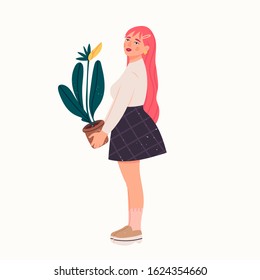 Pink haired Girl in trendy clothes holding a potted plant. Florist lady. Modern fashion look. Hand drawn vector trendy illustration. Flat design. Cartoon style. Isolated on a white background