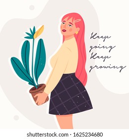 Pink haired Girl in trendy clothes holding a potted plant. Motivational quote. Modern fashion look. Hand drawn vector trendy illustration. Flat design. Cartoon style. Isolated on a white background