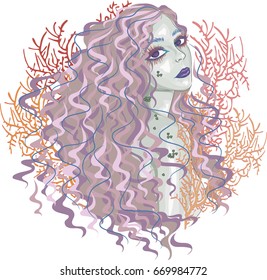 Pink haired  mermaid - Vector art