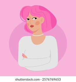 pink haired woman with arms folded posture, woman with suspicious look illustration, flat style illustration vector