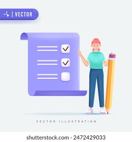 Pink Haired Woman Holding Big Pencil with Checklist Paper Behind. 3D Style Vector Illustration. Successfully complete business assignments, time management, work planning, organization of daily goals.