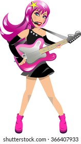 Pink haired woman rock star singing and playing electric guitar isolated