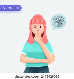 Pink Haired Young woman with tangled thoughts. Business problem solving concept. 3d vector people character illustration.