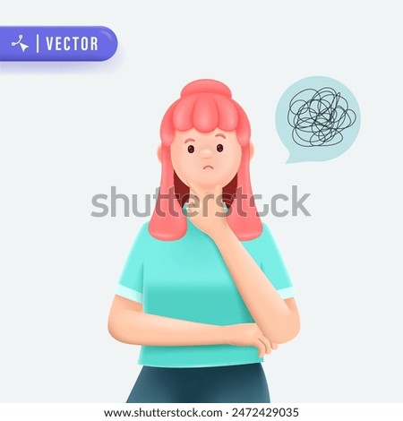 Pink Haired Young woman with tangled thoughts. Business problem solving concept. 3d vector people character illustration.