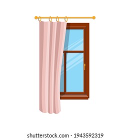 Pink half open curtain on wooden window isolated home interior architecture. Vector window treatments design, sash curtains vertical blinds. Bedroom or room window covering, vertical drapes