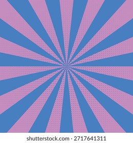 Pink halftone dots and blue sun rays on a backdrop