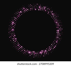 Pink halftone frame, glowing circle borders, round pattern with dots, radial disco luxury design element.