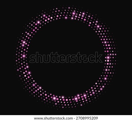 Pink halftone frame, glowing circle borders, round pattern with dots, radial disco luxury design element.
