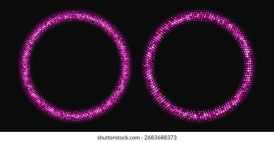 Marcos de semitono rosa, bordes de círculo brillante, patrón redondo con puntos, elemento de diseño de lujo disco radial.
