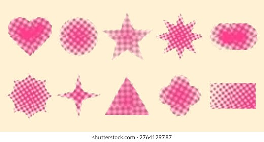 Pink Halftone Geometric Shapes Set for Retro Y2K Graphic Design, Heart Star Triangle Sparkle Elements