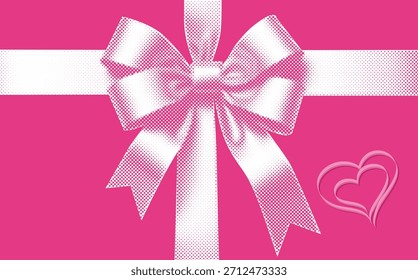 Pink halftone gift bow with collage-style Valentine heart on a vibrant romantic background, modern vector illustration for festive design.