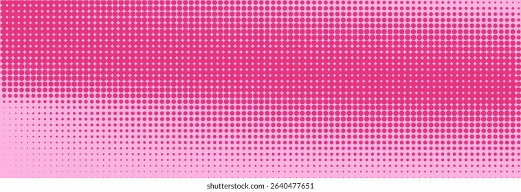 Pink halftone pattern. Retro comic gradient background. Rose pixelated dotted texture overlay. Cartoon pop art faded gradient pattern. Vector backdrop for poster, banner, advertisement