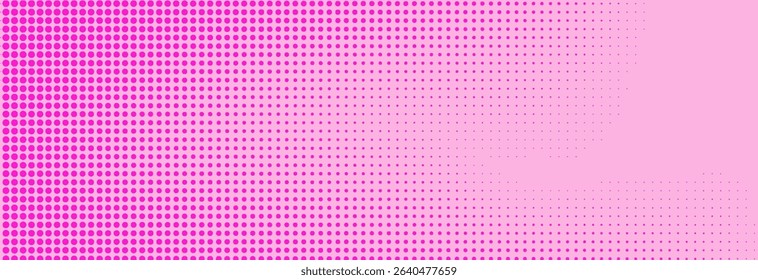 Pink halftone pattern. Retro comic gradient background. Rose pixelated dotted texture overlay. Cartoon pop art faded gradient pattern. Vector backdrop for poster, banner, advertisement