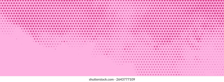 Pink halftone pattern. Retro comic gradient background. Rose pixelated dotted texture overlay. Cartoon pop art faded gradient pattern. Vector backdrop for poster, banner, advertisement